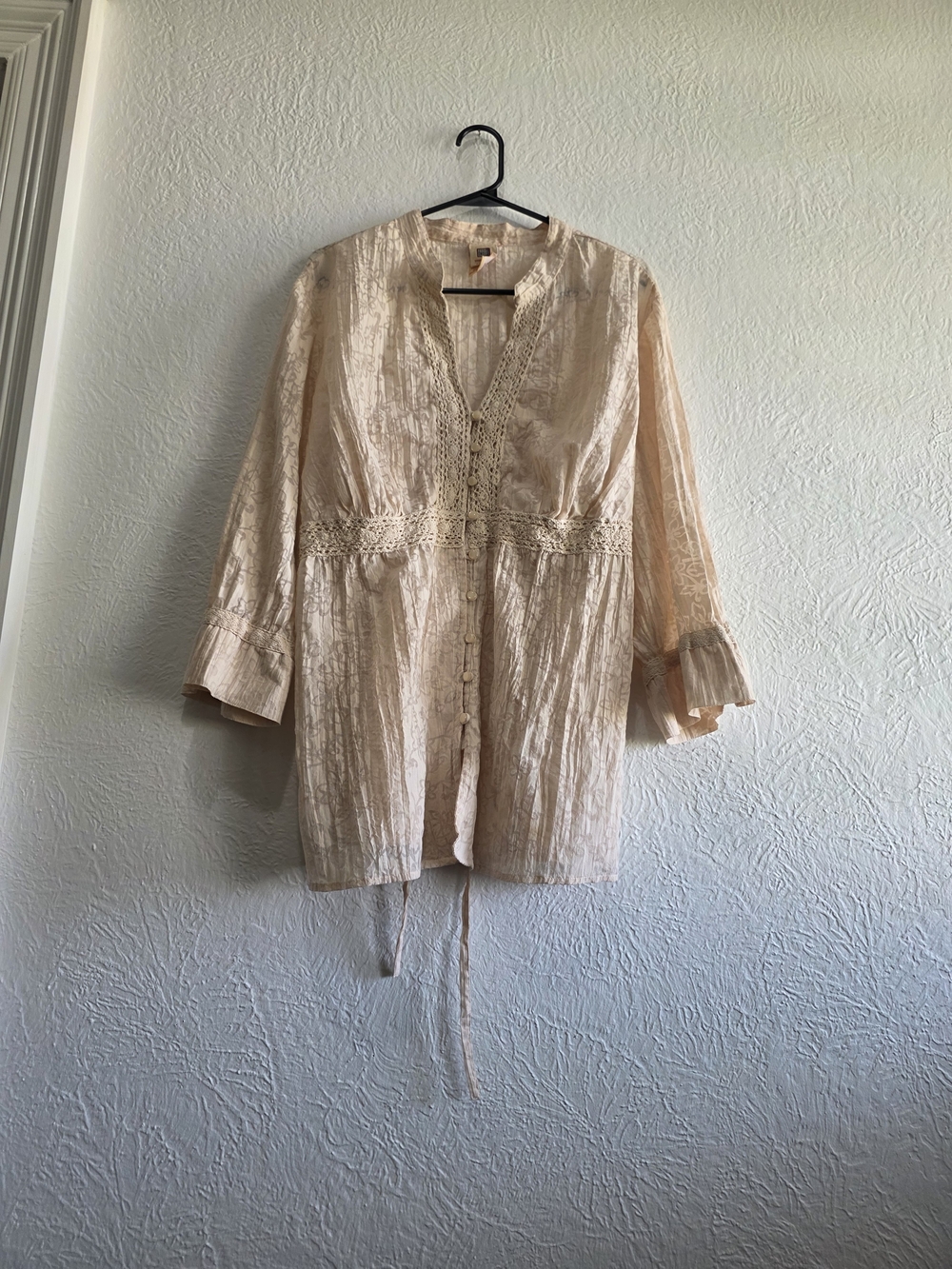 Vintage Cottagecore Faded Glory Cream Lace-Trim Button Front Tunic